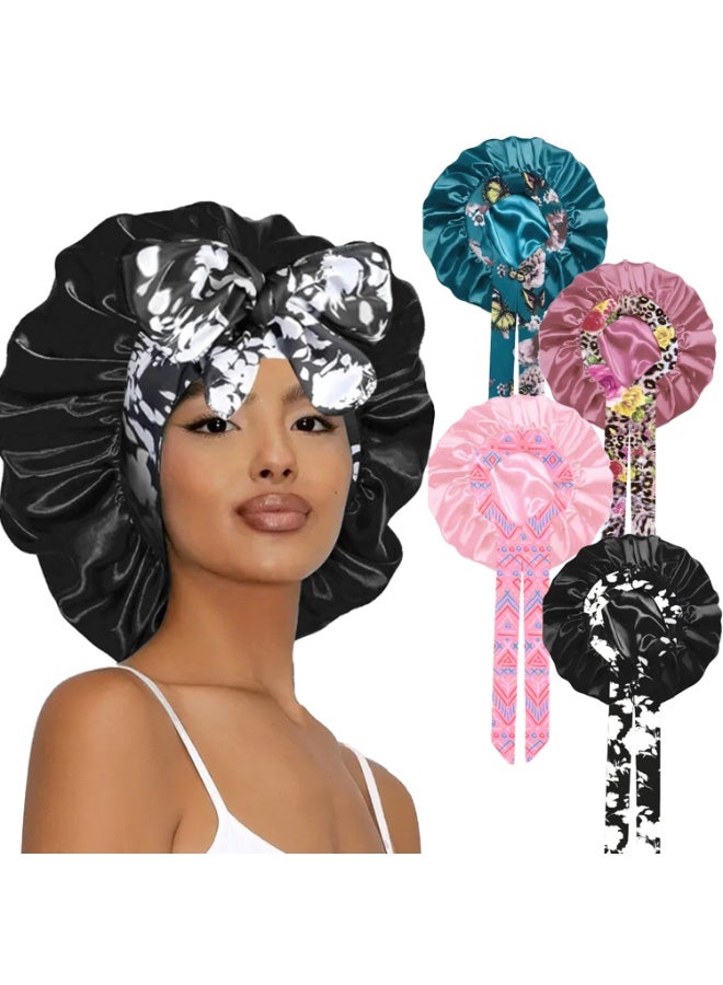 olayks 4 Pcs Printing Silk Hair Bonnet Nightcaps,With Wide Edge Ribbon,Tie Satin Lined,Sleep Shower Cap Hair Care Cover,For Women's Unisex Curls Natural Hair Personal Care - Image 1